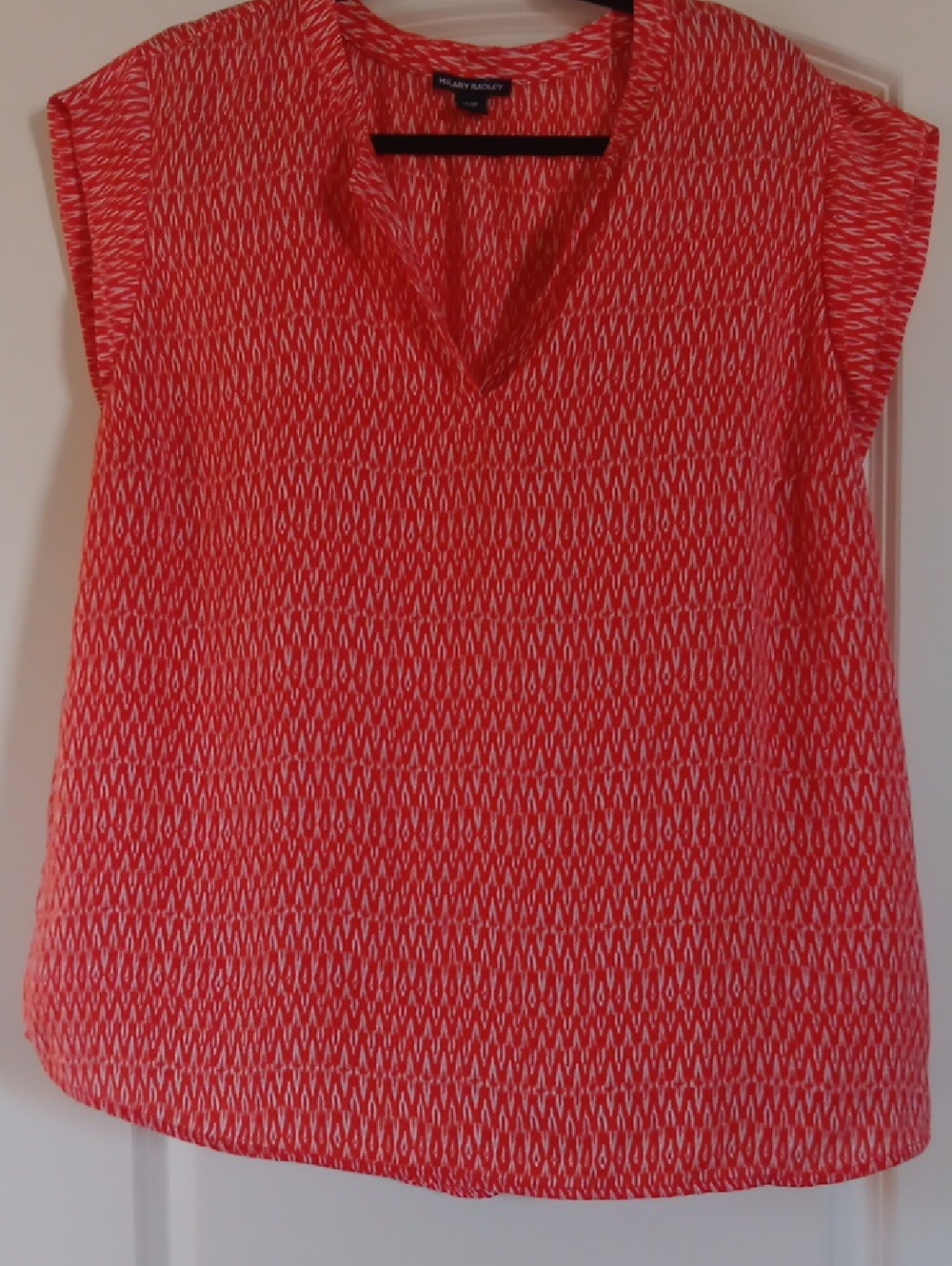 Hilary Radley Coral and White Patterned V-Neck Blouse